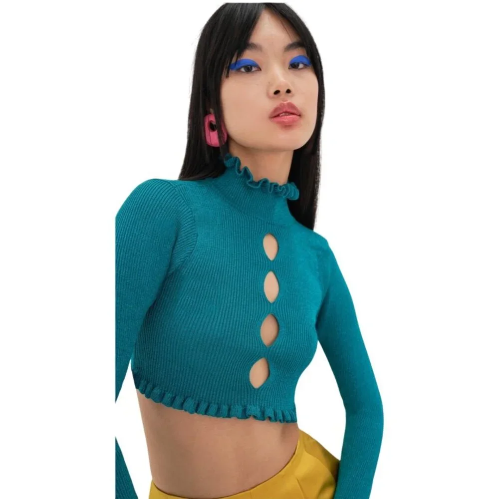 For Love & Lemons Lorelei Cropped Metallic Ruffled Trim Sweater With Keyhole Cut